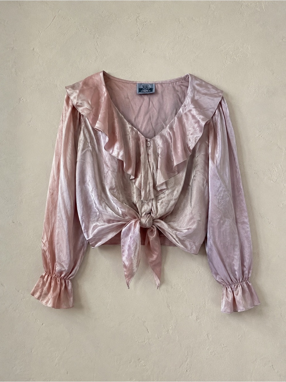 Vintage Evidence Dusty Pink Ombre Satin Tie Front Ruffle Blouse Cropped Romantic